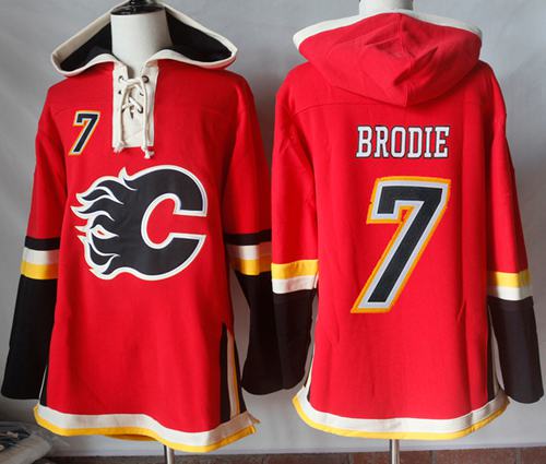 Flames #7 TJ Brodie Red Sawyer Hooded Sweatshirt Stitched Jersey - Zenithce
