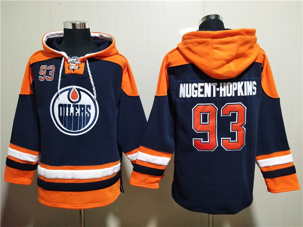 Edmonton Oilers #93 Ryan Nugent-Hopkins Navy Lace-Up Pullover Hoodie - Zenithce