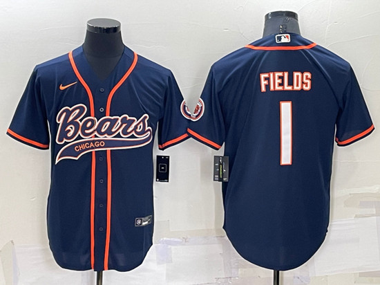 Chicago Bears #1 Justin Fields Navy Cool Base Stitched Baseball Jersey - Zenithce