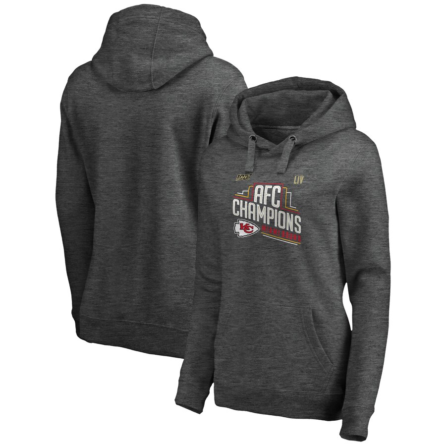 Women's Kansas City Chiefs Heather Charcoal 2019 AFC Champions Trophy Collection Locker Room Crossover V-Neck Pullover Hoodie(Run Small) - Zenithce