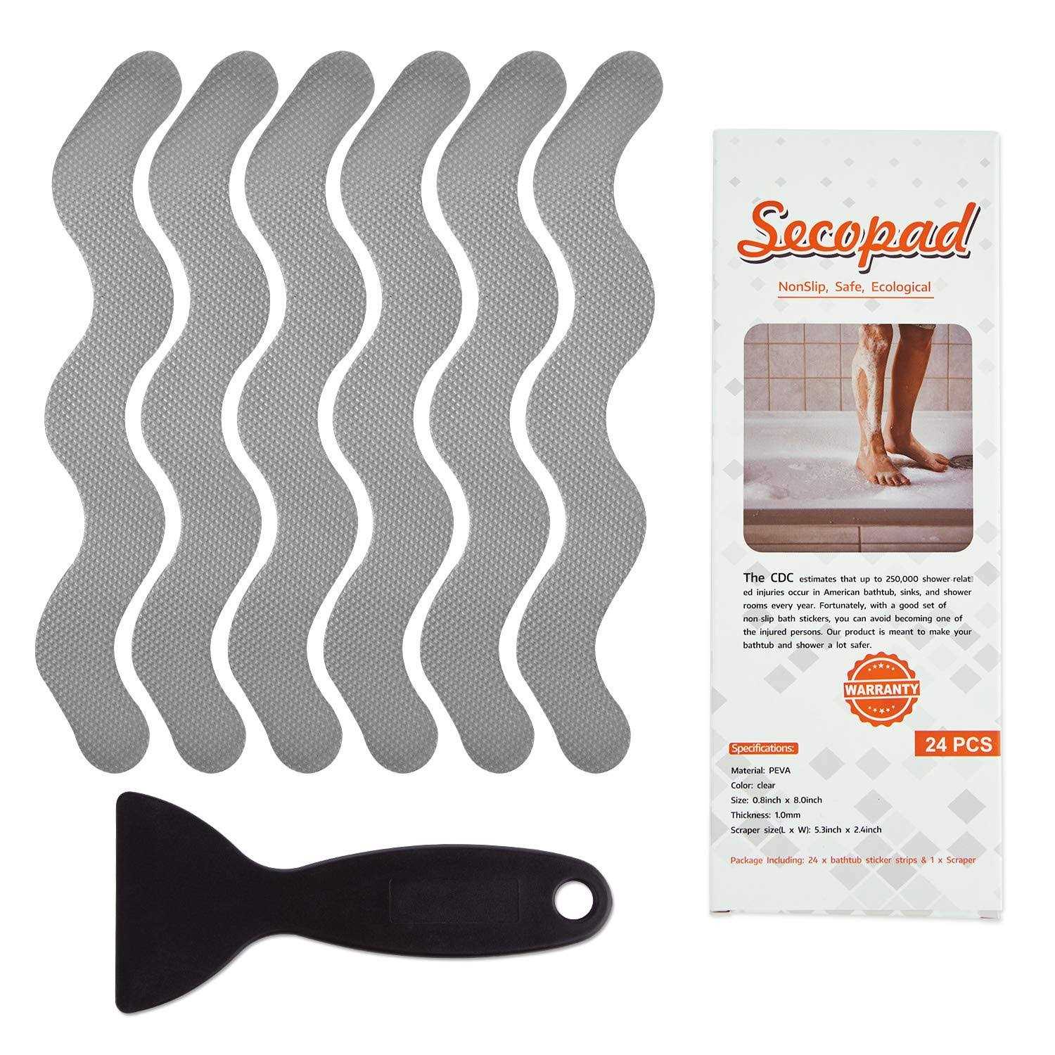 Secopad Patented Anti Slip Shower Stickers 24 PCS Safety Bathtub Strips Adhesive Decals with Premium Scraper for Bath Tub Shower Stairs - Zenithce