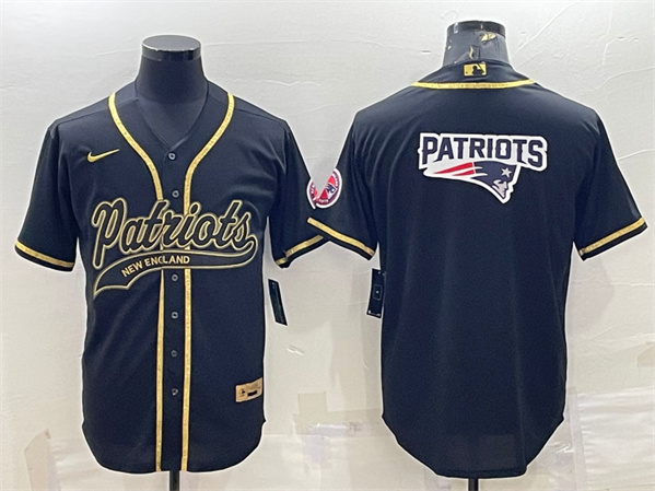 New England Patriots Black Gold Team Big Logo With Patch Cool Base Stitched Baseball Jersey - Zenithce