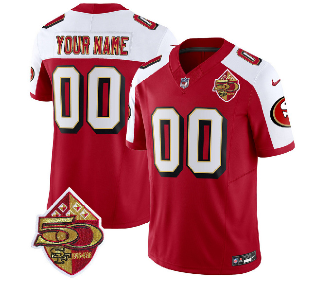 San Francisco 49ers Custom Red White 2023 F.U.S.E. 50th Patch Throwback Stitched Jersey - Zenithce