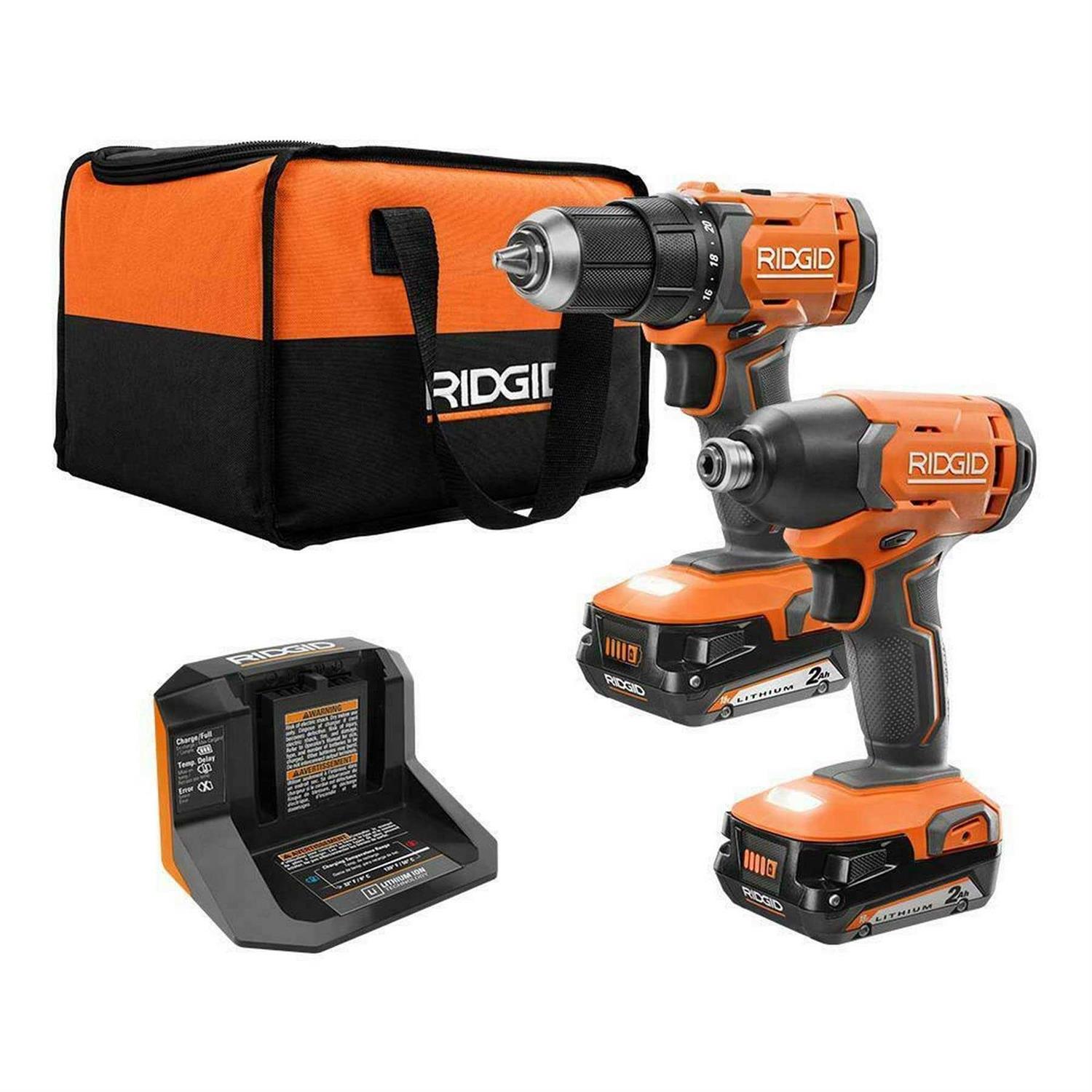 RIDGID 18V Cordless 2-Tool Combo Kit Drill Impact Batteries, Charger, and Bag - Zenithce