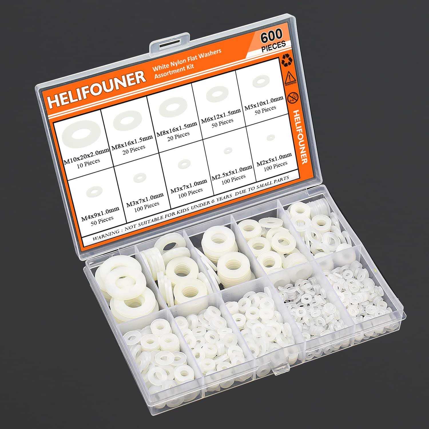HELIFOUNER 600 Pieces 8 Sizes White Nylon Flat Washers Assortment Kit - Zenithce