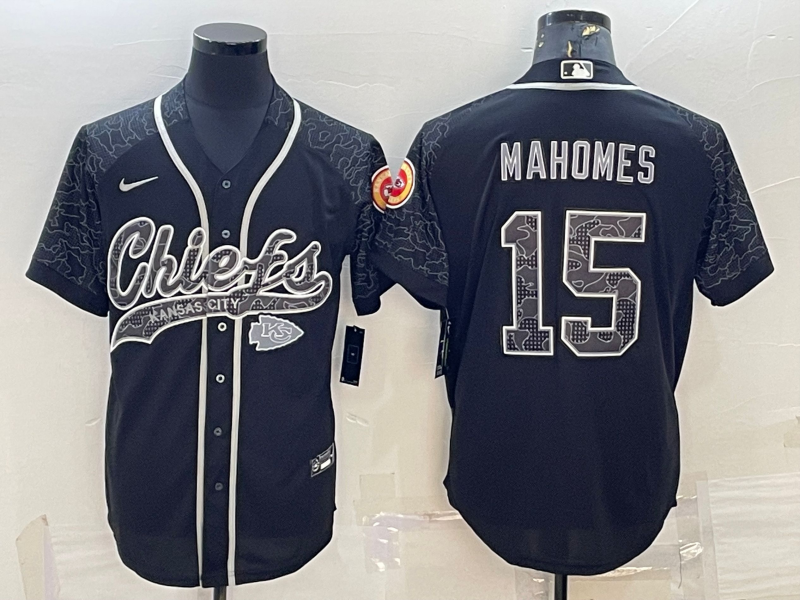 Kansas City Chiefs #15 Patrick Mahomes Black Reflective With Patch Cool Base Stitched Baseball Jersey - Zenithce