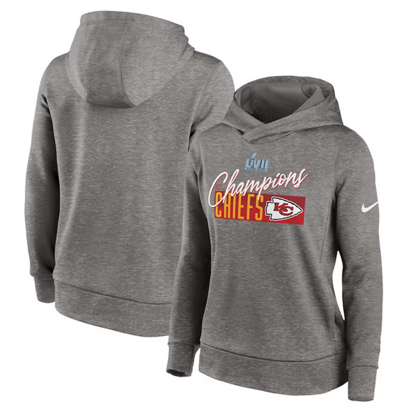 Women's Kansas City Chiefs Gray Super Bowl LVII Champions Iconic Fleece Pullover Hoodie(Run Small) - Zenithce