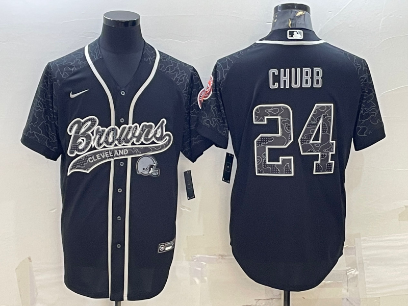 Cleveland Browns #24 Nick Chubb Black Reflective With Patch Cool Base Stitched Baseball Jersey - Zenithce