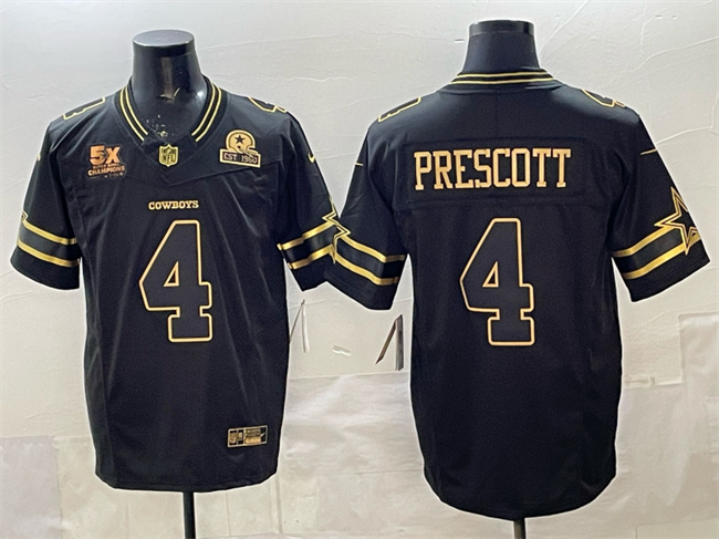 Dallas Cowboys #4 Dak Prescott Black Gold 2025 F.U.S.E. With 5x Super Bowl Champions Established In 1960 Patch Vapor Limited Stitched Jersey - Zenithce