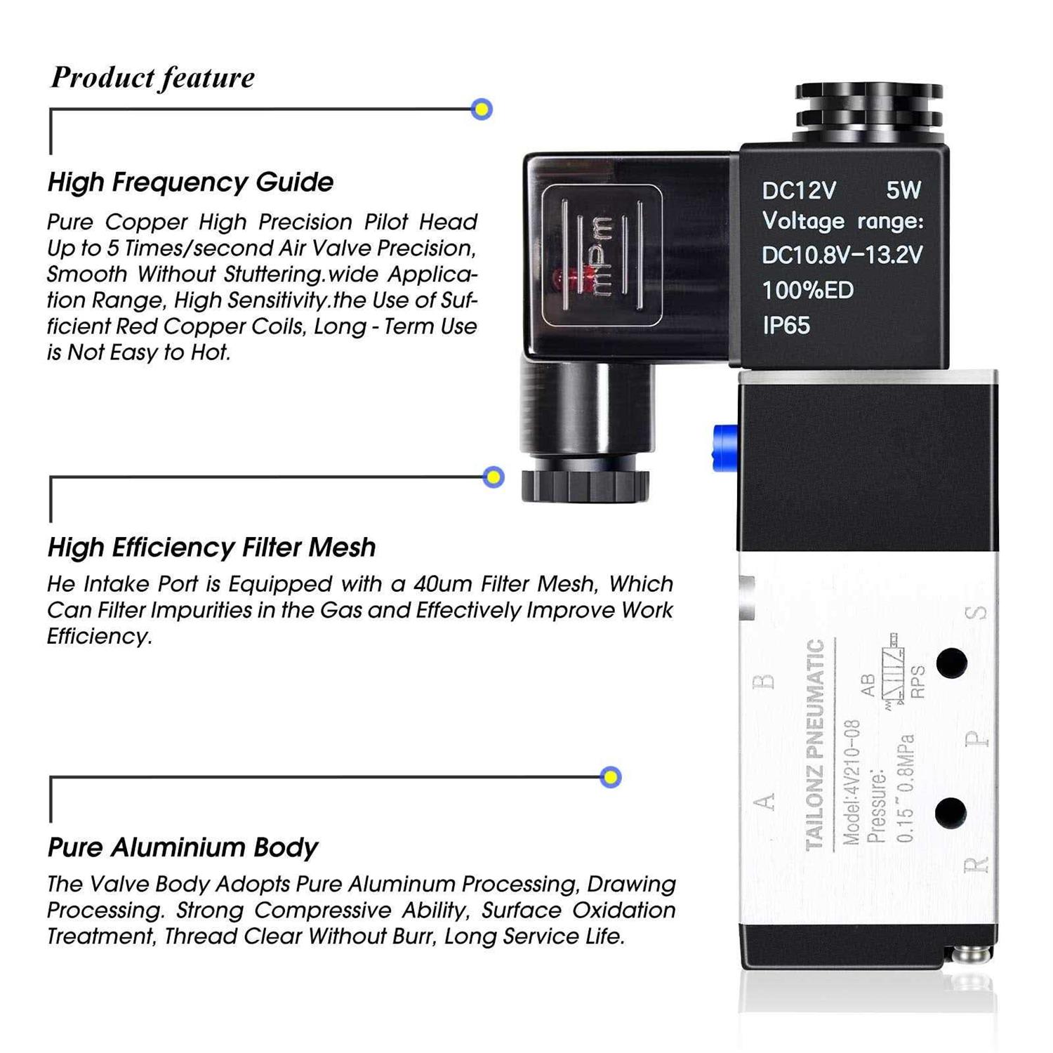 TAILONZ PNEUMATIC 1/4NPT Solenoid Valve 12V/24V/110V Single Coil Pilot-Operated Electric 2 Position 5 Way Connection Type 4V210-08 - Zenithce