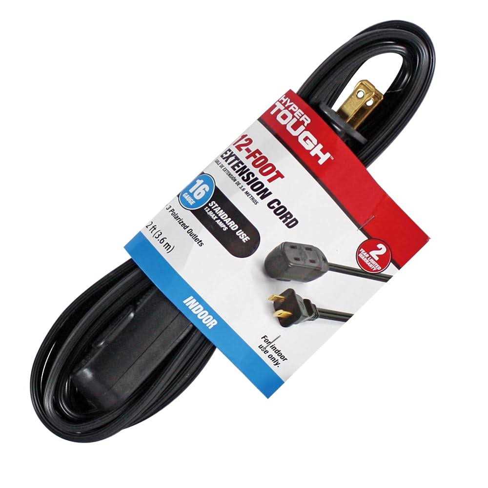Hyper Tough 12ft 16awg 2 Prong Black Indoor Use Household Extension Cord 00010 - Zenithce
