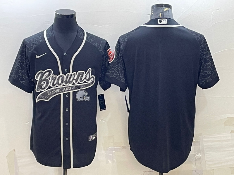 Cleveland Browns Blank Black Reflective With Patch Cool Base Stitched Baseball Jersey - Zenithce