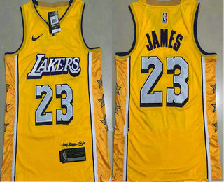 Los Angeles Lakers #23 LeBron James Yellow 2020 City Edition AU ALL Stitched Jersey - Zenithce