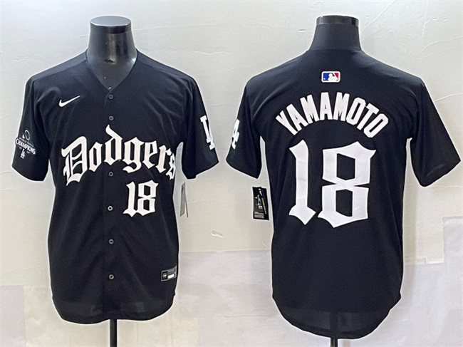 Los Angeles Dodgers #18 Yoshinobu Yamamoto Black 2025 LA Gothic Style With 2024 World Series Champions Patch Vapor Premier Limited Stitched Jersey - Zenithce