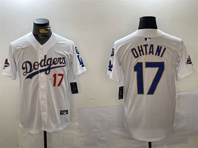 Los Angeles Dodgers #17 Shohei Ohtani White Gold 2024 World Series Champions With Fernando Memorial Patch Home Limited Stitched Jersey - Zenithce