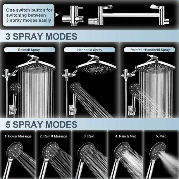 Veken 12 Inch High Pressure Rain Shower Head -Shower Heads with 5 Modes Handheld Spray Combo - Zenithce
