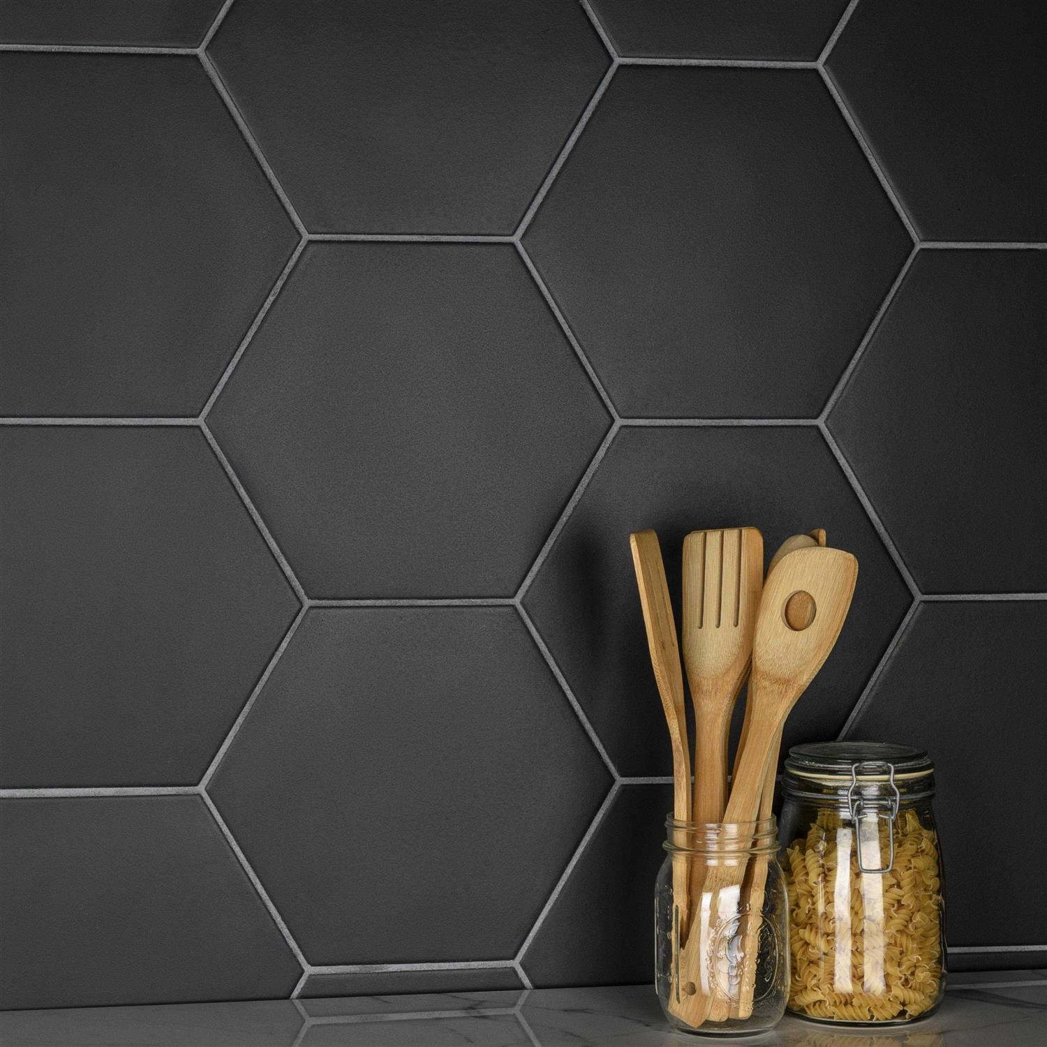 Merola Tile SomerTile Apini Hex Matte Black 9 x 11 Porcelain Floor and Wall Tile - Zenithce