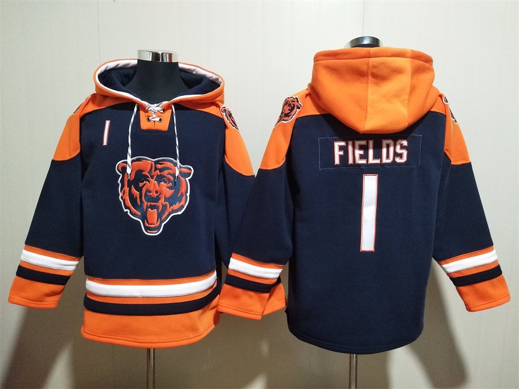 Chicago Bears #1 Justin Fields Navy Ageless Must-Have Lace-Up Pullover Hoodie - Zenithce