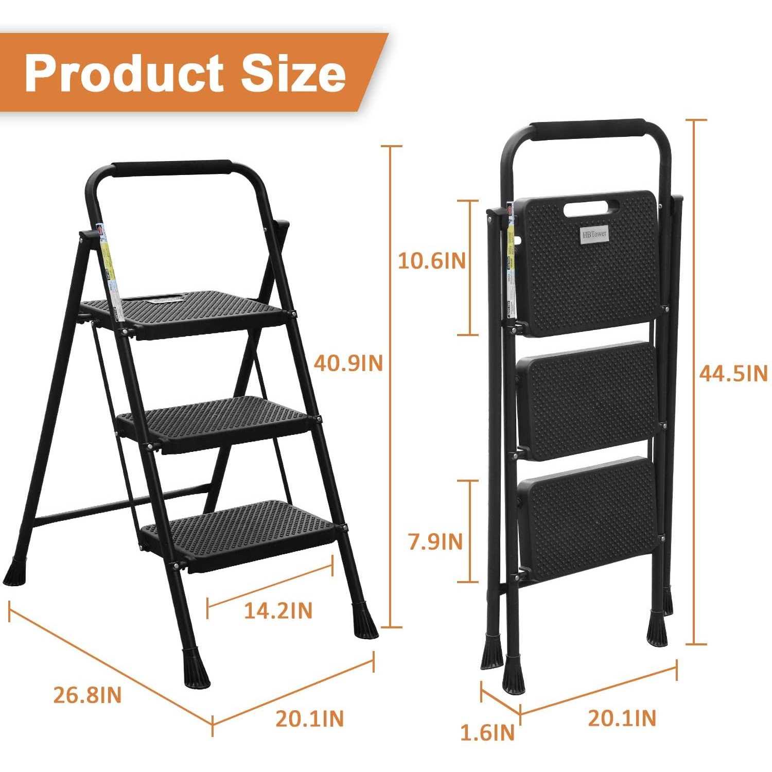 Hbtower 3 Step Ladder with Handrails Folding Step Stool with Attachable Tool Bag & Anti-Slip Wide Pedal for Home Kitchen Pantry - Zenithce