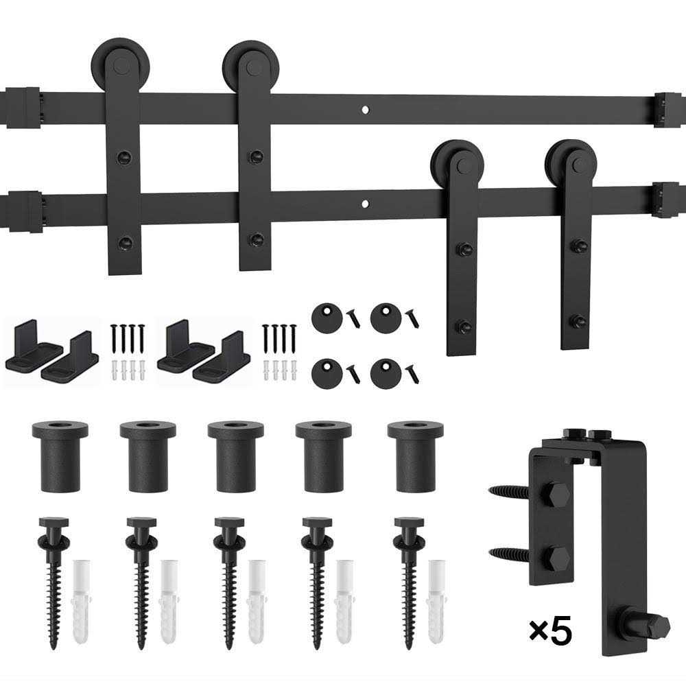 WINSOON 6 ft. Frosted Black Strap Sliding Barn Door Track Hardware Kit for Double Wood Doors Non-Routed Floor Guide - Zenithce