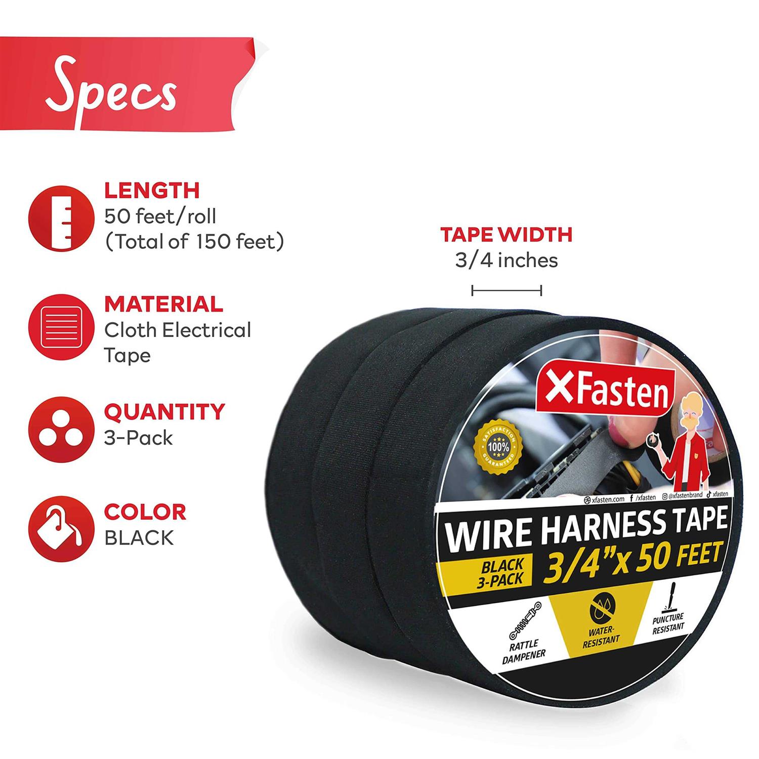Xfasten Wire Harness Tape 3/4-inch High Temp Loom Harness Cloth Tape - Zenithce