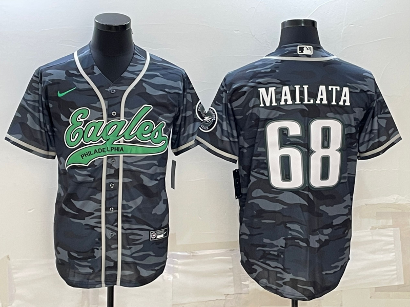 Philadelphia Eagles #68 Jordan Mailata Grey Camo With Patch Cool Base Stitched Baseball Jersey - Zenithce