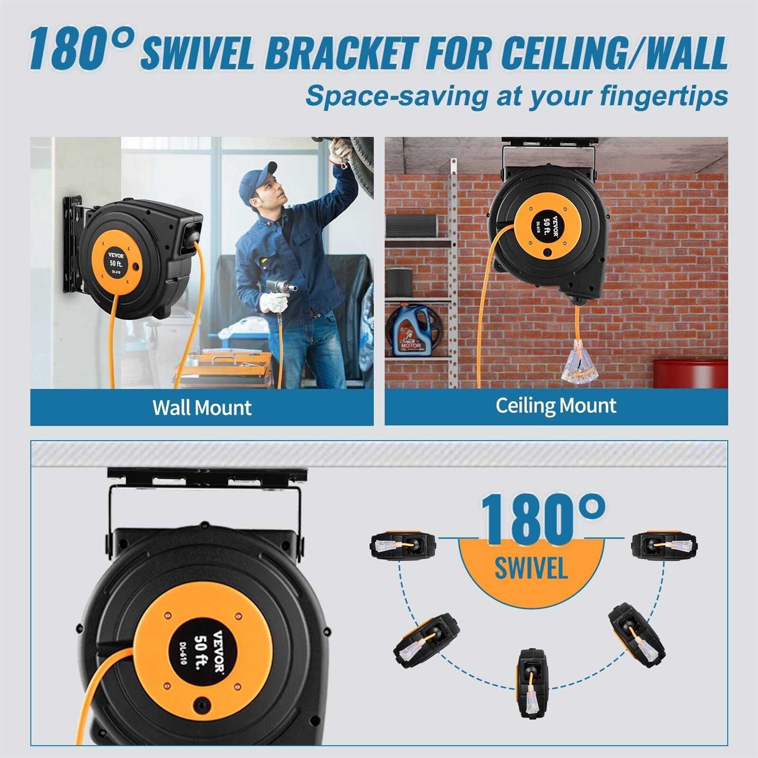 VEVOR Retractable Extension Cord Reel 30 Ft Heavy Duty 16AWG/3C Sjtow Power Cord with Lighted Triple Tap Outlet 10 Amp Circuit Breaker for Ceiling - Zenithce