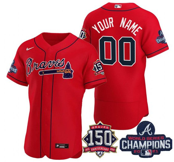 Atlanta Braves Red Customized Custom 2021 World Series Champions With 150th Anniversary Stitched Jersey - Zenithce