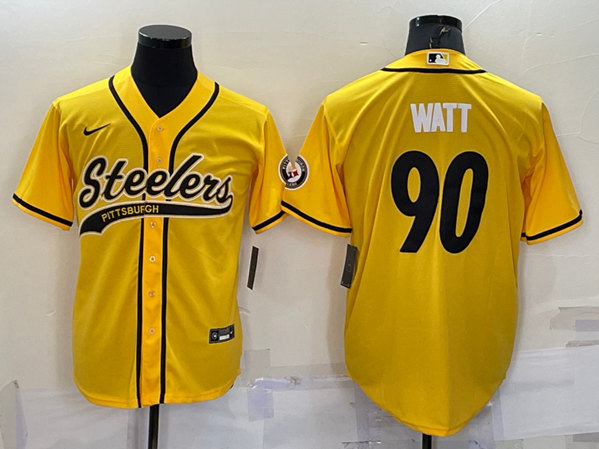 Pittsburgh Steelers #90 T.J. Watt Gold With Patch Cool Base Stitched Baseball Jersey - Zenithce