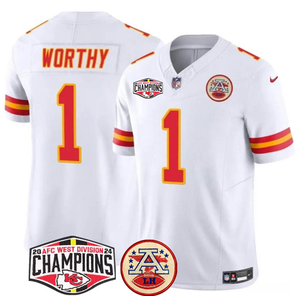Kansas City Chiefs #1 Xavier Worthy White F.U.S.E. 2024 AFC West Division Champions Vapor Limited Stitched Jersey - Zenithce