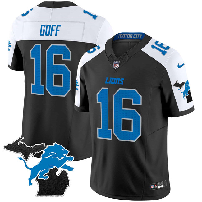 Detroit Lions #16 Jared Goff Black White F.U.S.E. 2024 Michigan Patch Vapor Limited Stitched Jersey - Zenithce