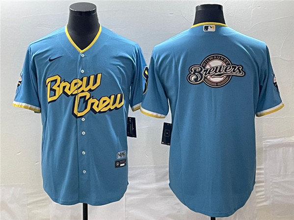 Milwaukee Brewers Powder Blue Team Big Logo City Connect Cool Base Stitched Jersey - Zenithce