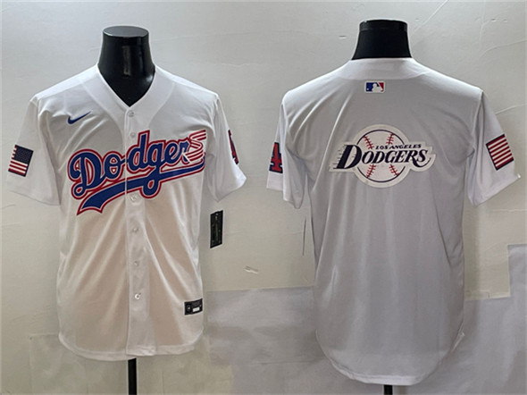 Los Angeles Dodgers Team Big Logo White With American Flag Patch Limited Stitched Jersey - Zenithce