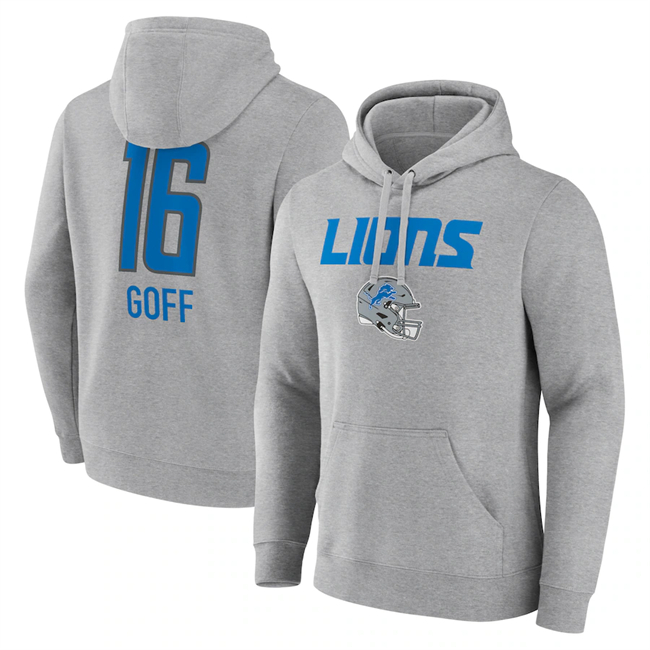Detroit Lions #16 Jared Goff Heather Gray Team Wordmark Player Name Number Pullover Hoodie - Zenithce