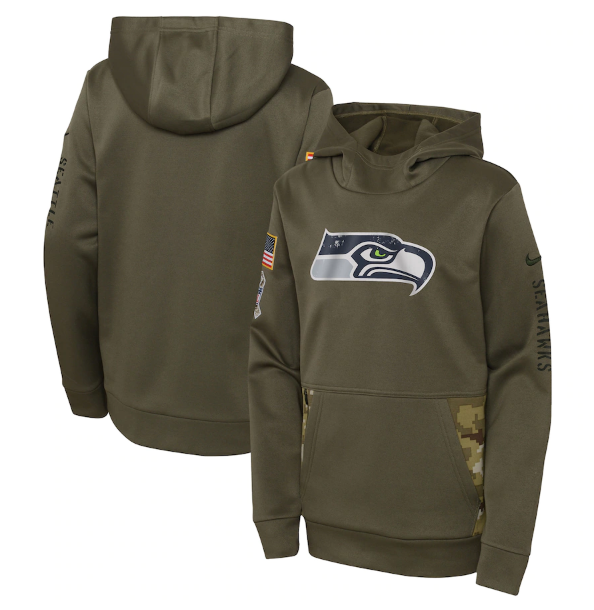 Youth Seattle Seahawks 2022 Olive Salute To Service Therma Performance Pullover Hoodie - Zenithce