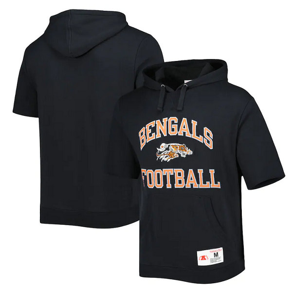 Cincinnati Bengals Black Mitchell Ness Washed Short Sleeve Pullover Hoodie - Zenithce