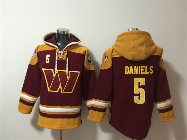Washington Commanders #5 Jayden Daniels Burgundy Ageless Must-Have Lace-Up Pullover Hoodie - Zenithce