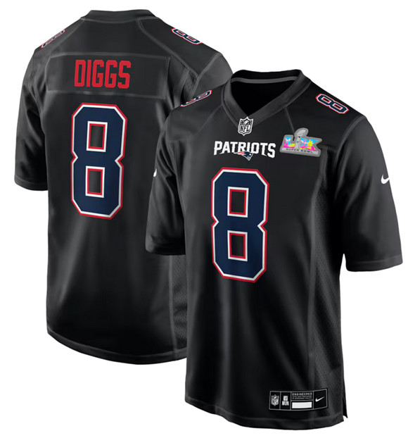 New England Patriots #8 Stefon Diggs Black 2025 Super Bowl LX Patch Carbon Fashion Stitched Game Jersey - Zenithce