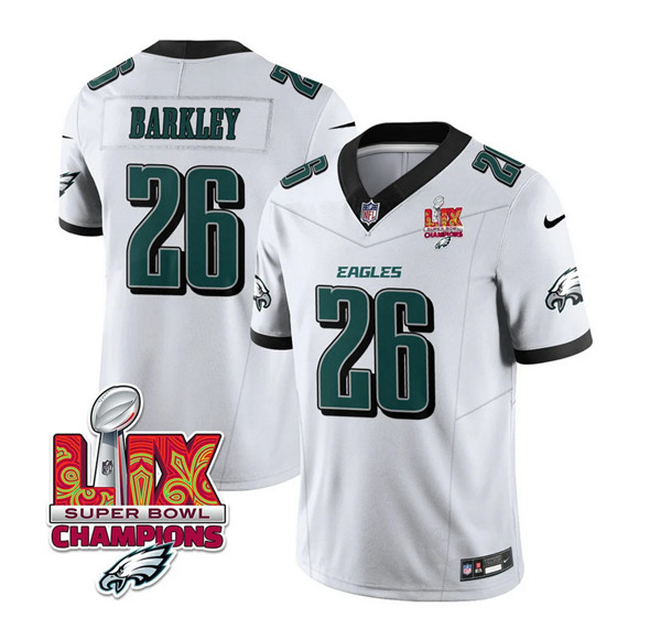 Philadelphia Eagles #26 Saquon Barkley White 2025 Eagles Logo Super Bowl LIX Patch New F.U.S.E. Vapor Untouchable Limited Stitched Jersey - Zenithce