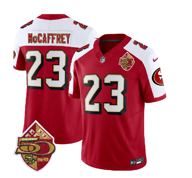 San Francisco 49ers #23 Christian McCaffrey Red White 2023 F.U.S.E. 50th Patch Throwback Stitched Jersey - Zenithce