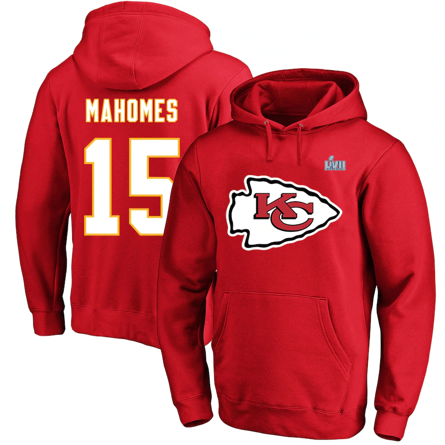Kansas City Chiefs #15 Patrick Mahomes Red Super Bowl LVII Big Tall Name Number Pullover Hoodie - Zenithce