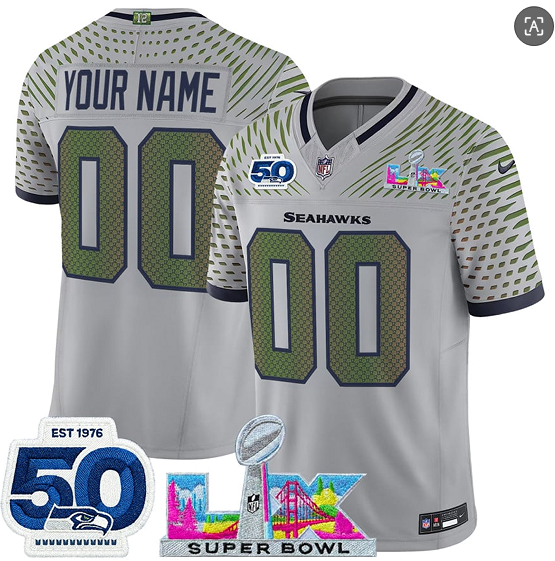 Seattle Seahawks Custom Gray 2025 F.U.S.E. Super Bowl LX Patch And 50th Season Patch “Rivalries” Vapor Limited Stitched Jersey - Zenithce
