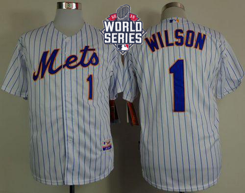 Mets #1 Mookie Wilson White(Blue Strip) Home Cool Base W 2015 World Series Patch Stitched Jersey - Zenithce