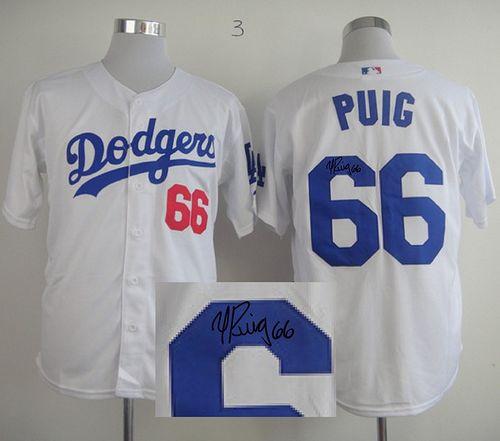 Dodgers #66 Yasiel Puig White Cool Base Autographed Stitched Jersey - Zenithce