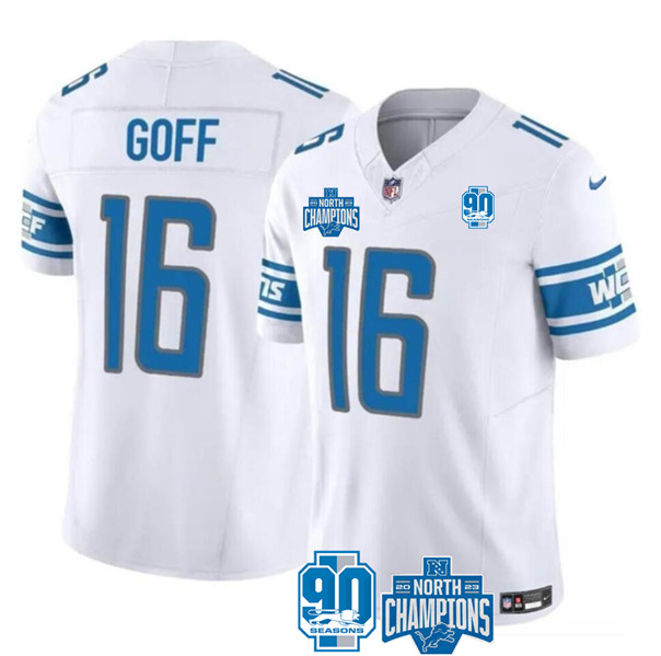 Detroit Lions #16 Jared Goff White 2023 90th Anniversary North Division Champions Patch Limited Stitched Jersey - Zenithce