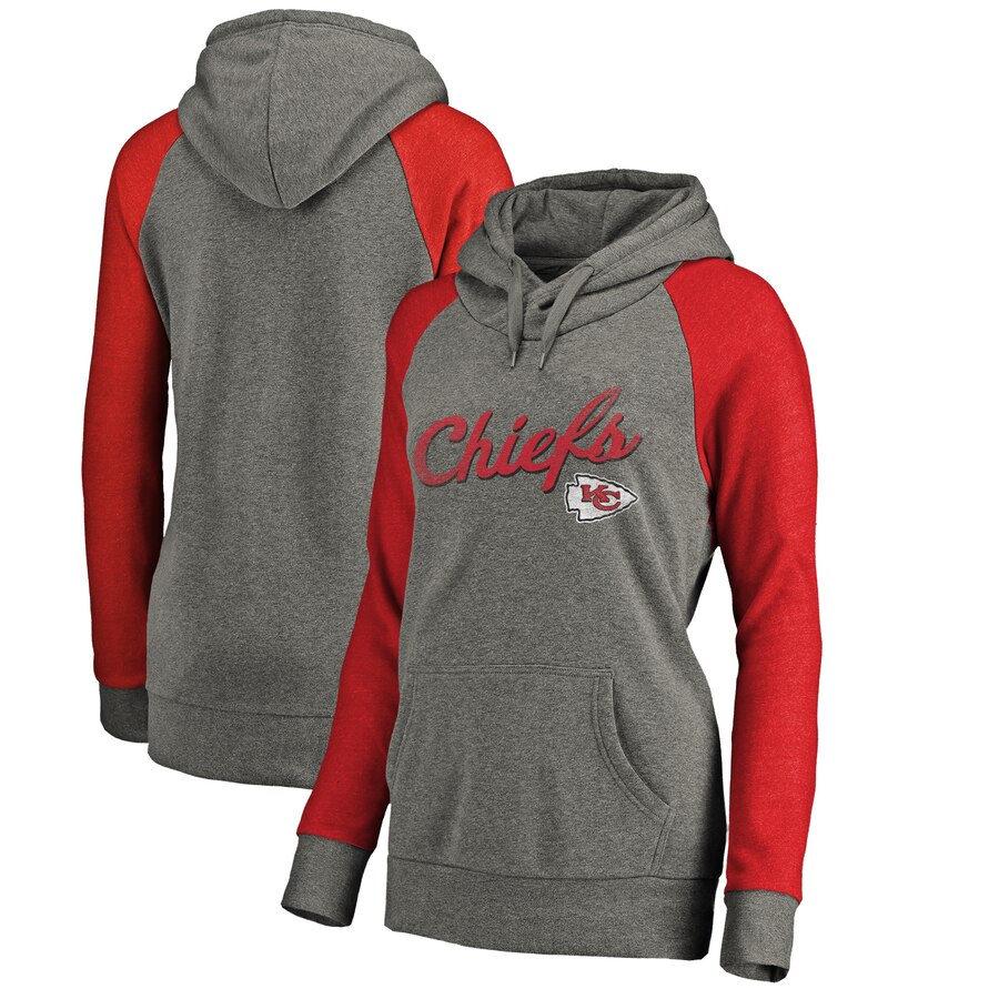 Women's Kansas City Chiefs Grey Timeless Collection Rising Script Tri-Blend Raglan Pullover Hoodie(Run Small) - Zenithce