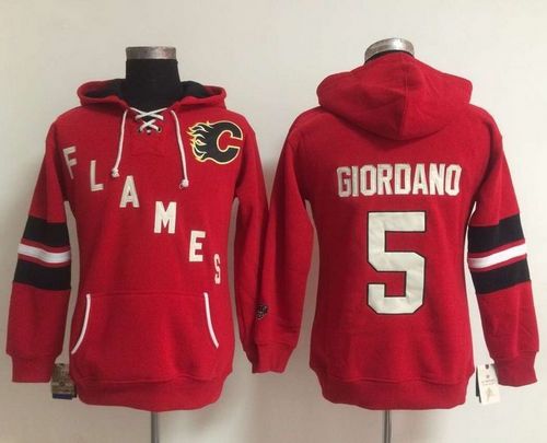 Calgary Flames #5 Mark Giordano Red Women's Old Time Heidi NHL Hoodie - Zenithce