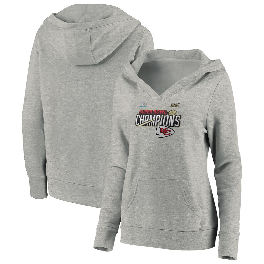 Women's Kansas City Chiefs Heathered Gray Super Bowl LIV Champions Trophy Collection Locker Room Pullover Hoodie(Run Small) - Zenithce