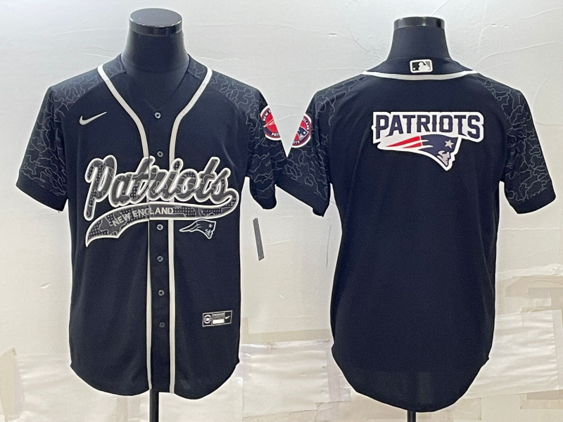 New England Patriots Black Reflective Team Big Logo With Patch Cool Base Stitched Baseball Jersey - Zenithce