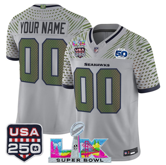Seattle Seahawks Custom Gray 2025 F.U.S.E. Super Bowl LX US 250th anniversary Patch And 50th Season Patch “Rivalries” Vapor Limited Stitched Jersey - Zenithce